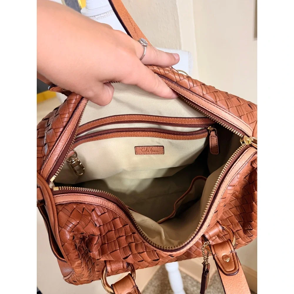 Cole Haan Tan Woven Leather Satchel Handbag Gold Hardware Cognac Shoulder Bag